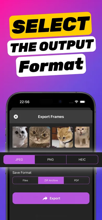 Export Frames sheet with JPEG, PNG and HEIC formats and Files, ZIP Archive and PDF options