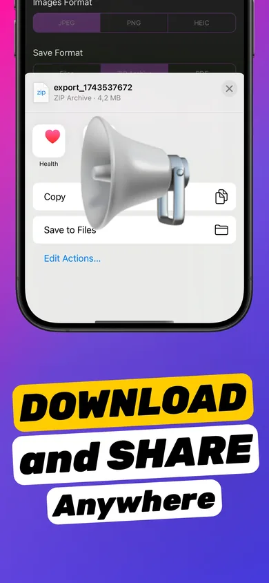 iOS share sheet exporting a ZIP archive of video frames with Save to Files